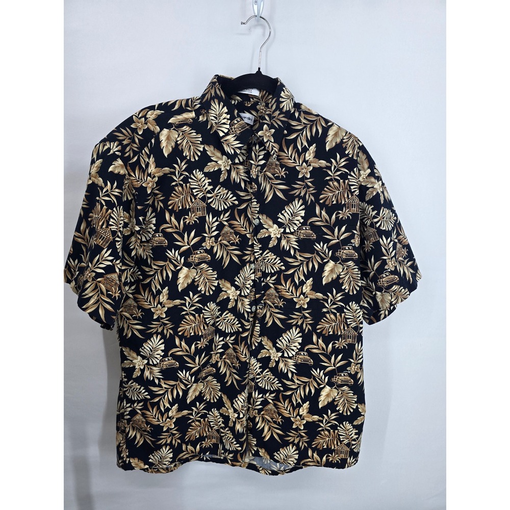 Pierre Cardin Mens Tropical Palm Leaf Car Print Button Up Shirt Black Tan Medium